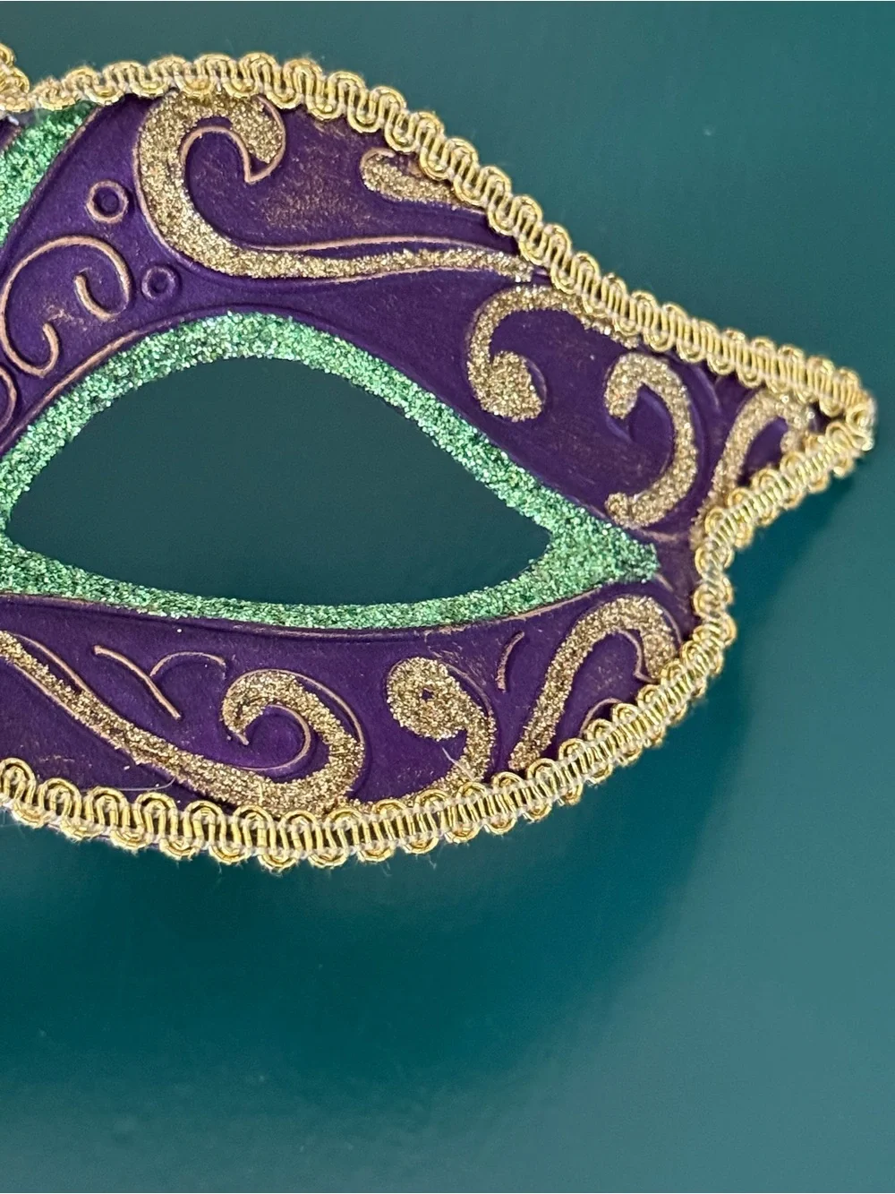 Venetian Side Feather Masquerade Mask with Stick - Gold Green Purple